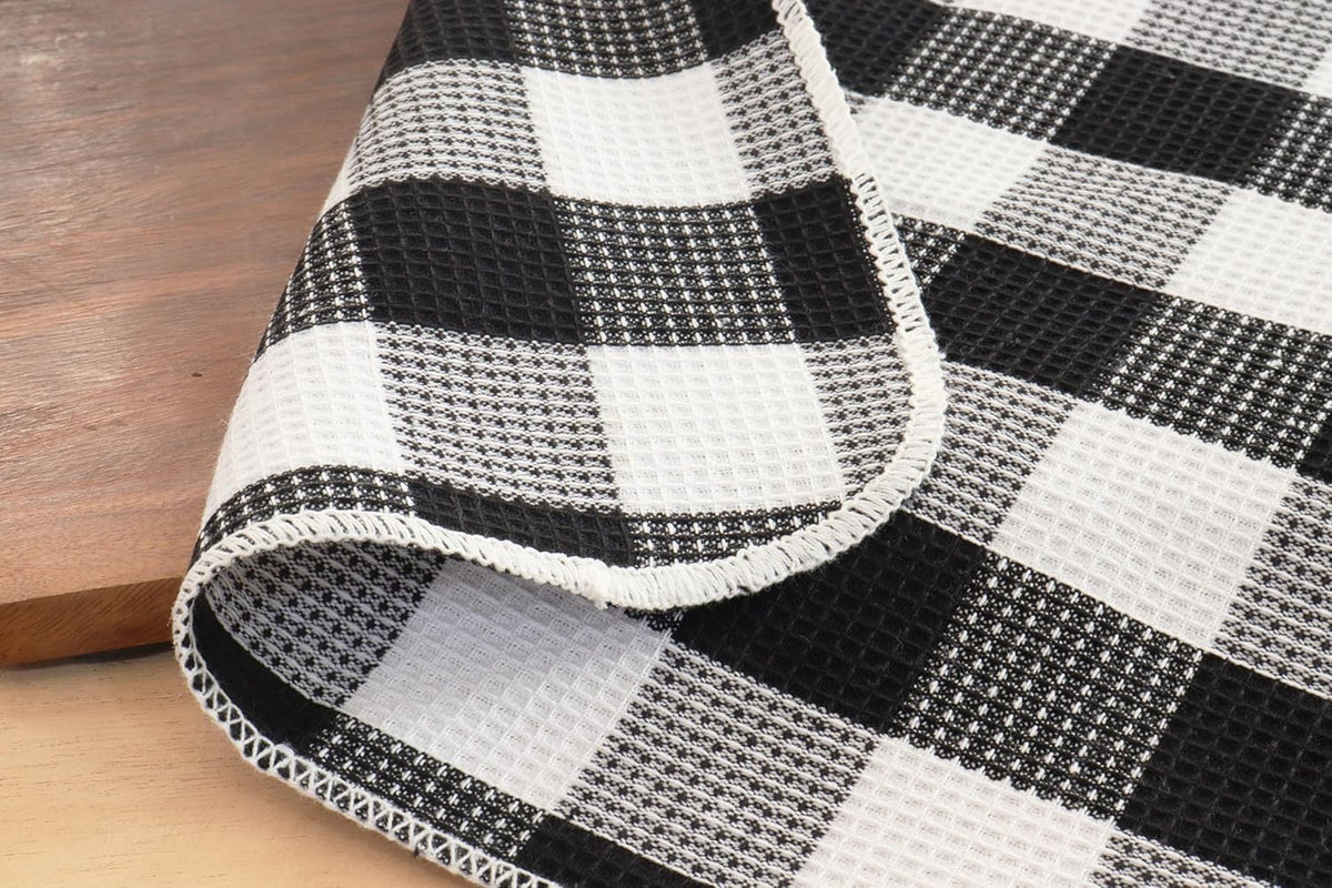 PurpleEssences Waffle Weave Plaid Dish Cloths, 100% Cotton - 12 x 12 Inches, Ultra Soft Absorbent Quick Drying Dish Towels Buffalo Check Dish Rags for Kitchen, 8 Pack - Spring Summer - Black & White