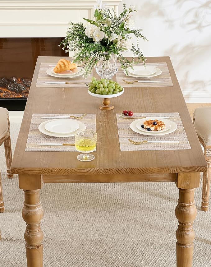 Leetaltree Lightsteel Beige with Yellow Placemats Set of 4 - Heat Resistant Non-Slip Place mats for Dining Table, Washable Durable PVC Vinyl Woven Table Mats (Lightsteel Beige, 4)