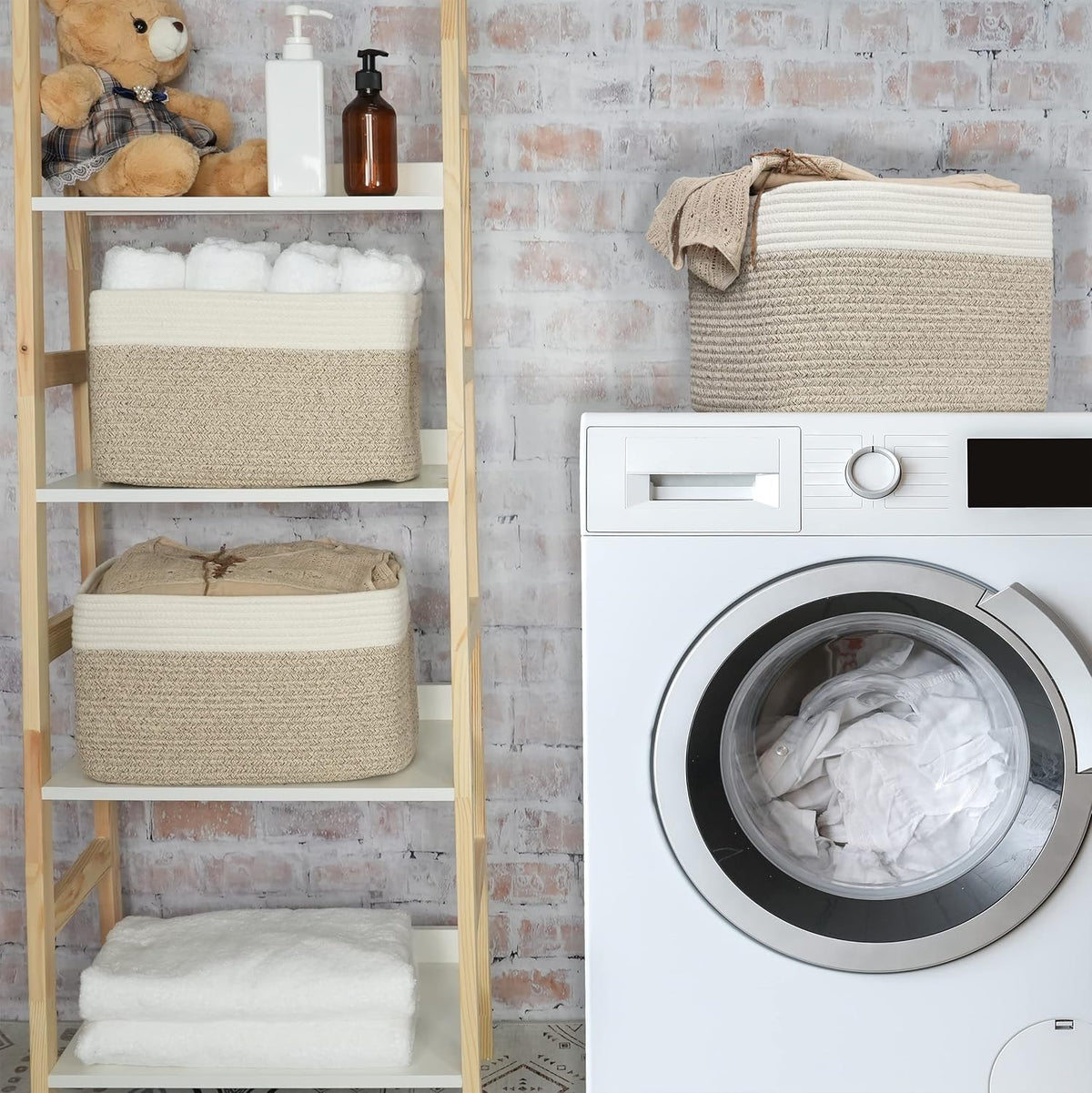 Cotton Rope storage Basket Bins Woven Basket for Organizing Shelves Rectangle Decorative Baskets For storage Clothes Toys Books Towels Square Wicker Nursery basket organizer 3 pack white and brown