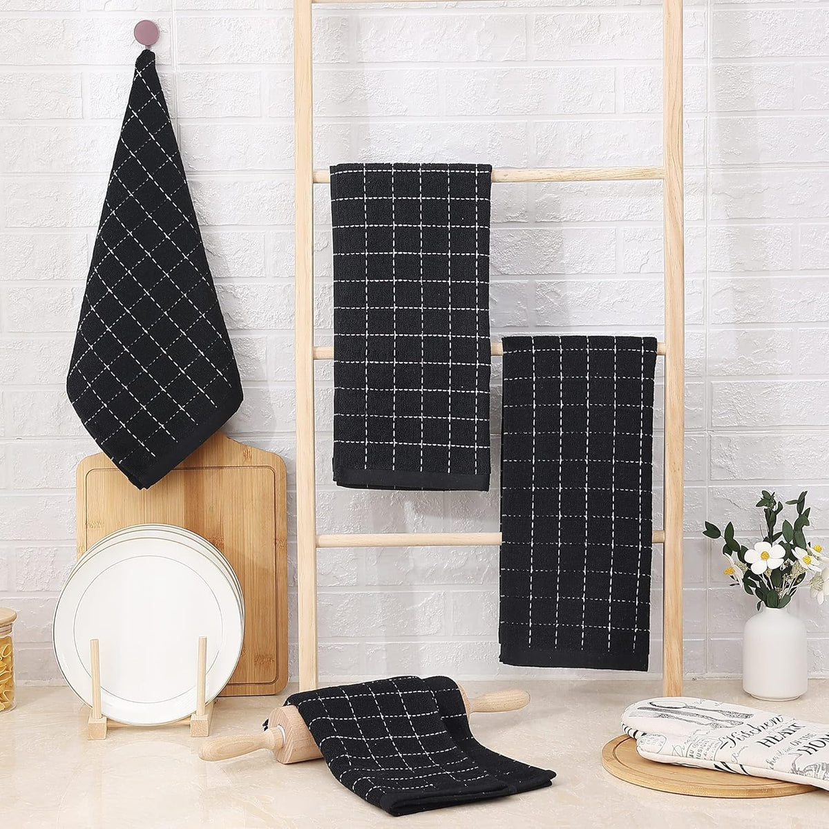 Homaxy 100% Cotton Terry Kitchen Towels(Black, 13 x 28 inches), Checkered Designed, Soft and Super Absorbent Dish Towels, 6 Pack