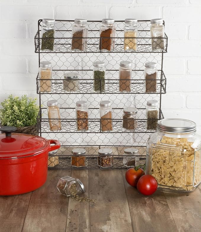 DII Farmhouse Vintage Decorative Metal Pantry Spice Rack Organizer, 17Lx4.75Wx20H, 4 Tier Double Shelf Depth Spice Rack - Rustic