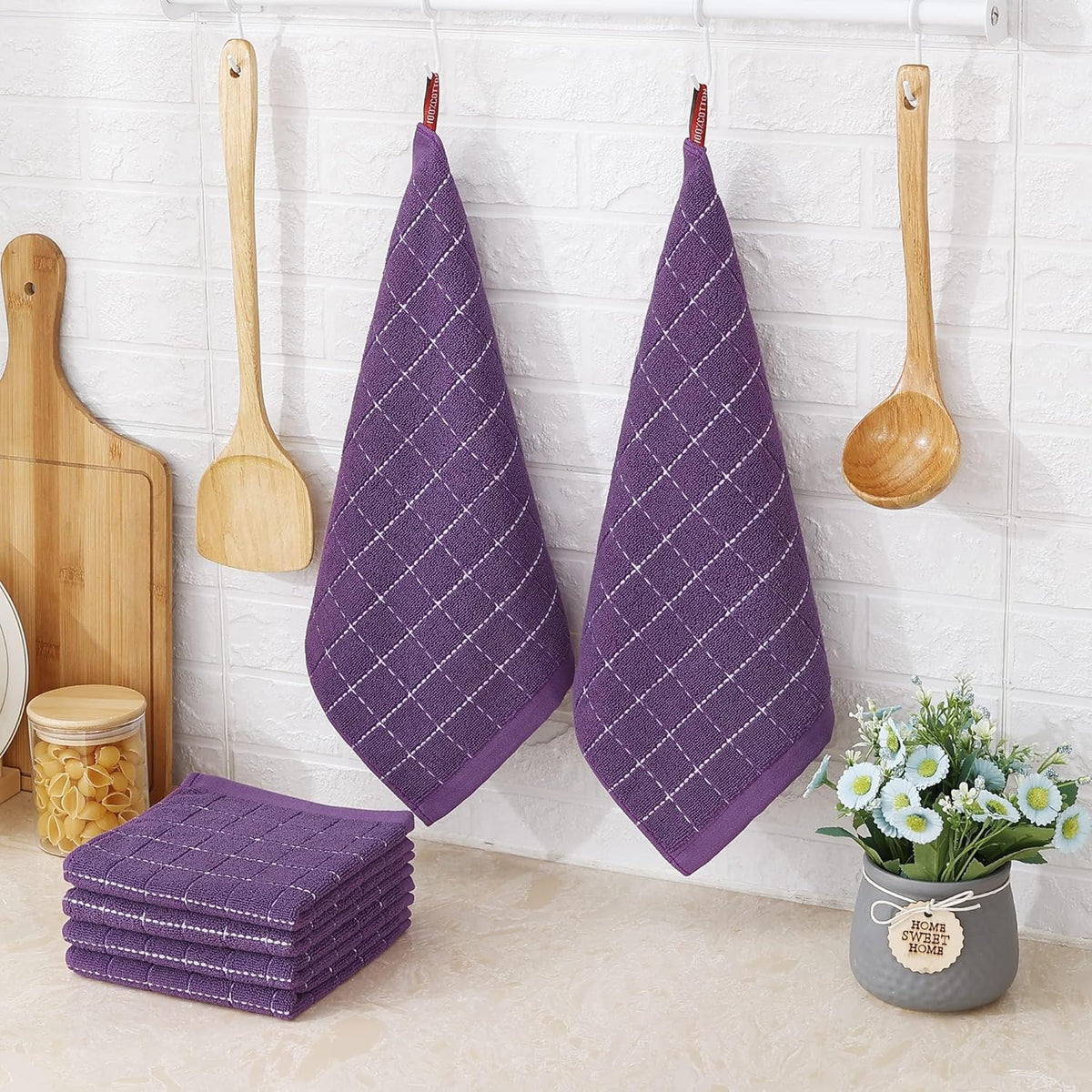 Homaxy 100% Cotton Terry Kitchen Dish Cloths, Ultra Soft and Absorbent Dish Towels for Kitchen, Suitable for Drying and Washing Dishes, 12 Pack, 12 x 12 Inches, Purple