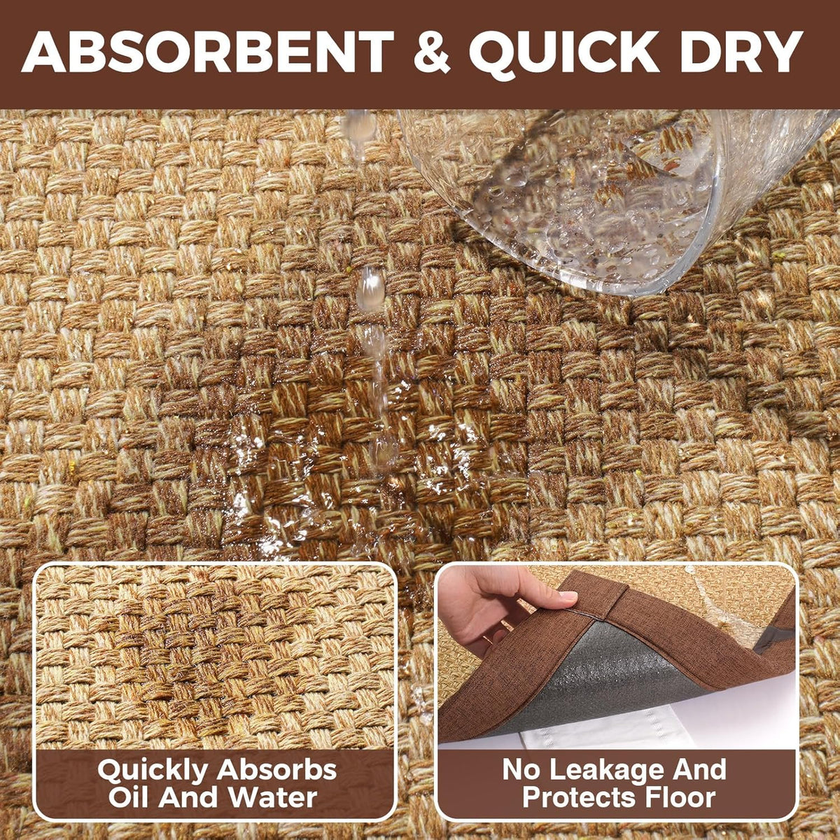 Kitchen Rugs Non Slip Washable, Anti Fatigue Cushioned Kitchen Mats for Floor, Super Absorbent Jute-Look Kitchen Sink Mat Standing Mat for Office, Laundry, Brown 17"x47"