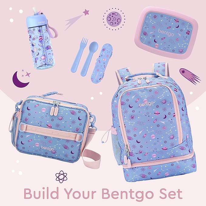 Bentgo Kids 2-in-1 Backpack & Insulated Lunch Bag - Durable 16” Backpack & Lunch Container in Unique Prints for School & Travel - Water Resistant, Padded & Large Compartments (Lavender Galaxy)