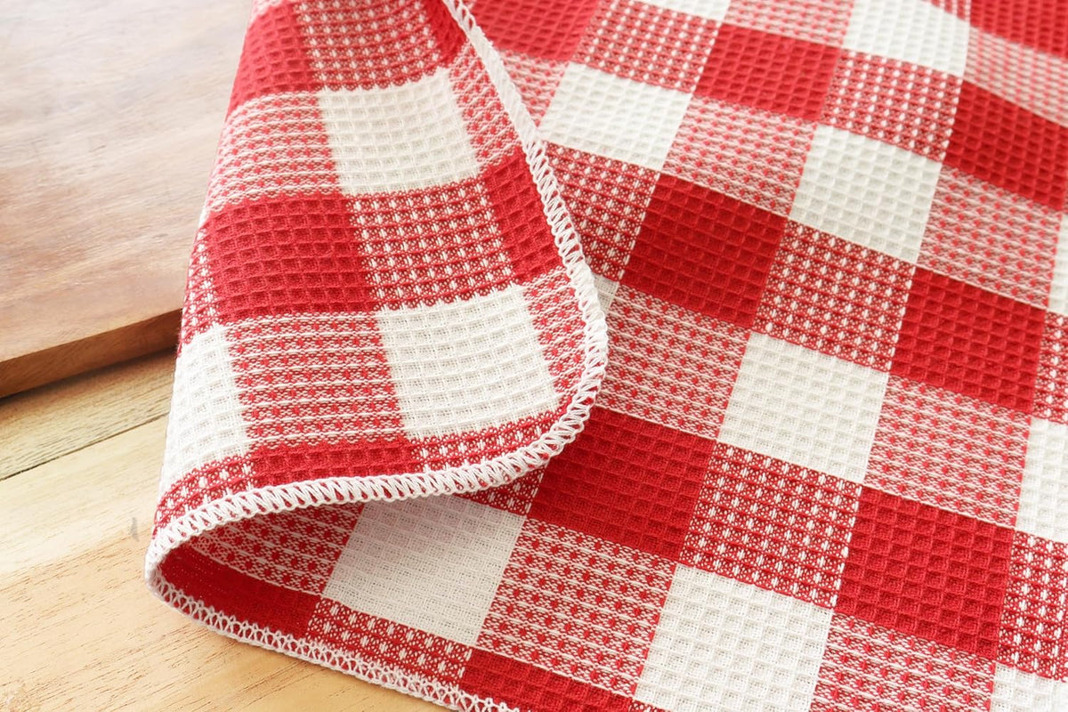 PurpleEssences Waffle Weave Plaid Dish Cloths, 100% Cotton - 12 x 12 Inches, Ultra Soft Absorbent Quick Drying Dish Towels Buffalo Check Dish Rags for Kitchen, 6 Pack - Spring Summer - Red and White