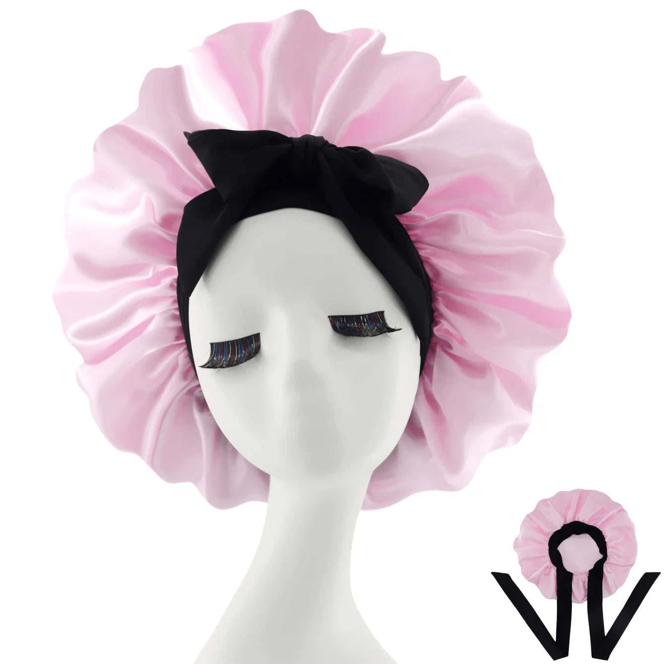 [Pink Satin Bonnet] Soft Luxurious Pink Satin Bonnet - Adjustable Tie Band & Bow Accent, Comfortable Ruffled Design For A Snug Fit, Hair Protection | Satin Cap | Smooth Satin Finish For Women & Men