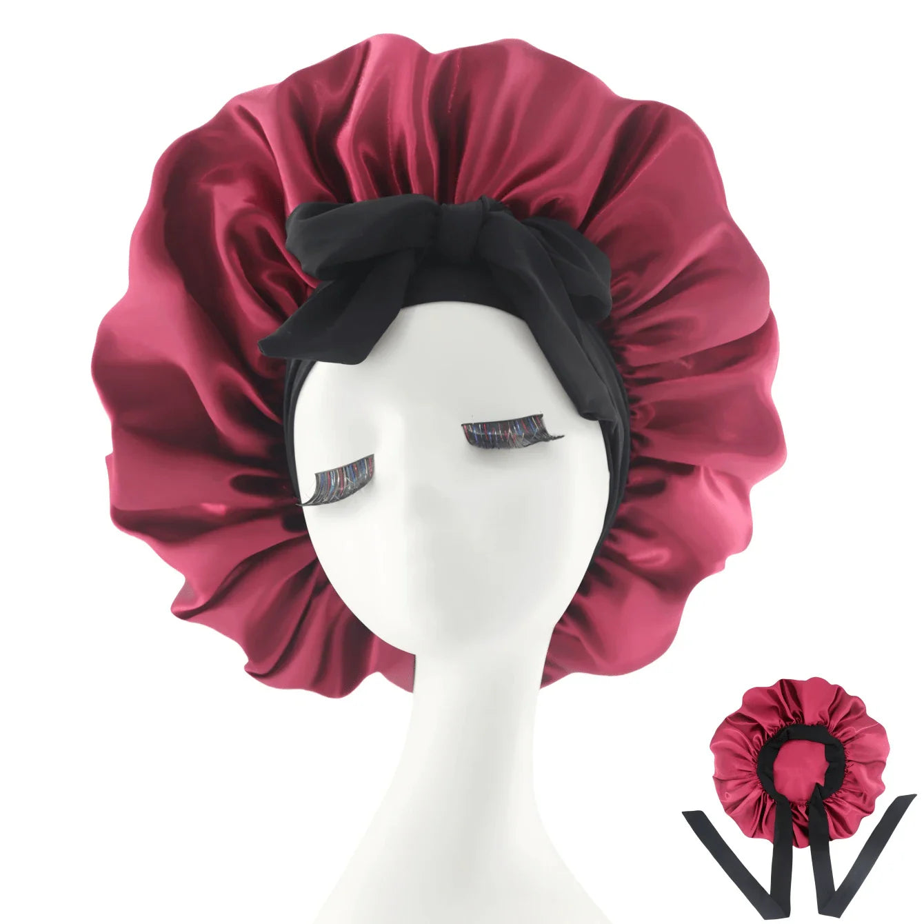 [Pink Satin Bonnet] Soft Luxurious Pink Satin Bonnet - Adjustable Tie Band & Bow Accent, Comfortable Ruffled Design For A Snug Fit, Hair Protection | Satin Cap | Smooth Satin Finish For Women & Men