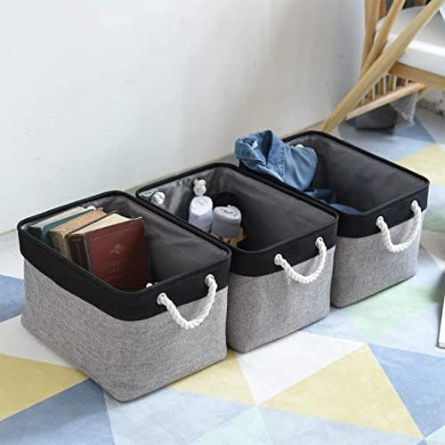 Organization and Storage Bins for Shelves - 16x12x8 inch Large 3 Pack Fabric Storage Cubes Collapsible Baskets for Shelves with Rope, Storage Basket for Organizing Cloth Laundry (Black & Grey)