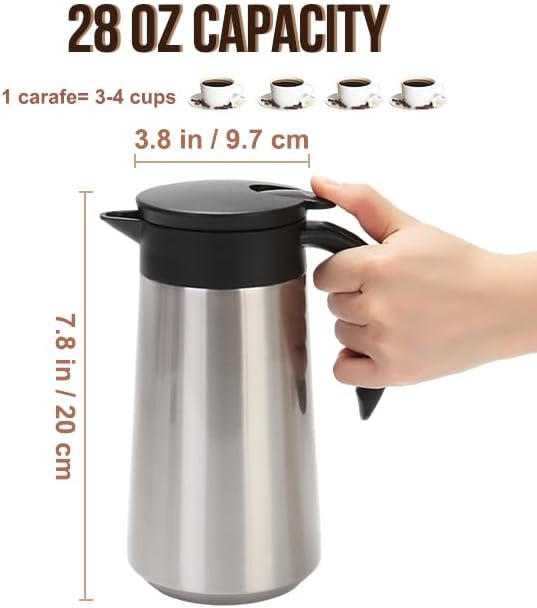 28oz Coffee Carafe Airpot Insulated Coffee Urn Stainless Steel Vacuum Thermal Pot Flask for Coffee, Hot Water, Tea, Hot Beverage - Keep 9 Hours Hot, 18 Hours Cold (2 Pack Silver)