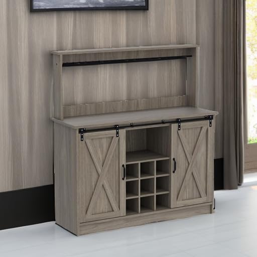 4ever2buy Farmhouse Coffee Bar Cabinet with Hutch, 47 Inch Wine Bar with Storage, Buffet Cabinet with Adjustable Shelves & 9 Wine Racks, Kitchen Buffet Cabinet for Dining Living Room, Grey
