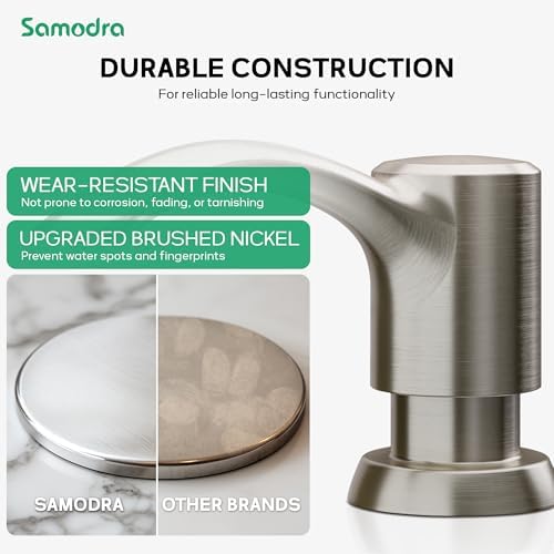 SAMODRA Built in Kitchen Sink Soap Dispenser (Brushed Nickel) with 12 oz Large PET Lotion Bottle, Refill from Top