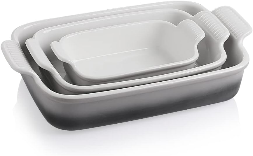 Sweejar Baking Pans Set, Ceramic 9x13 Baking Dish with Handle, Rectangular Casserole Dishes for Oven, Bakeware Sets of 3, Durable Lasagna Pan Deep for Kitchen, Banquet, Wedding Gift(Gradient Gray)