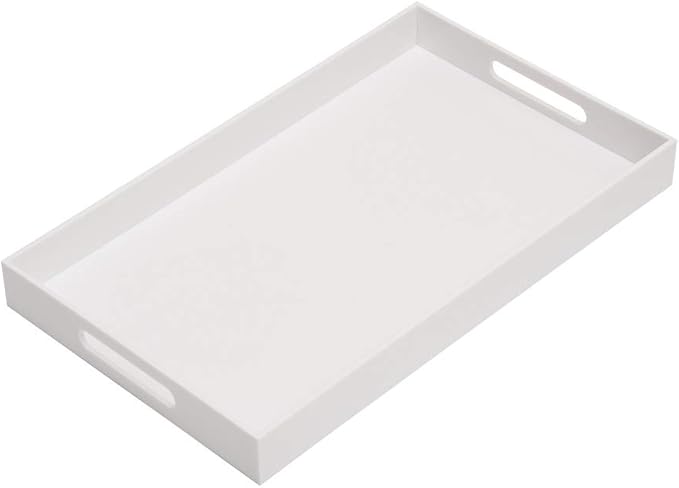 Glossy White Sturdy Acrylic Serving Tray with Handles-12x20 Inch-Serving Coffee Appetizer Breakfast-Kitchen Countertop Makeup Drawer Organizer-Vanity Table Ottoman Decorative Tray