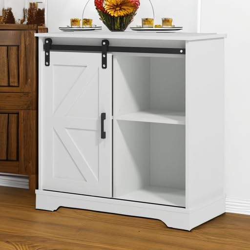 Panana Sliding Barn Door Buffet Sideboard Storage Cabinet Coffee Bar Kitchen Farmhouse Style (White)