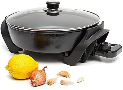 Moss & Stone Round Nonstick Electric Skillet With Lid, Aluminum 12x12 Inch Electric Frying Pan 5Qt, Nonstick Cooking Surface, Adjustable Temperature Control, Vented Glass Lid, Heat-Resistant Handle