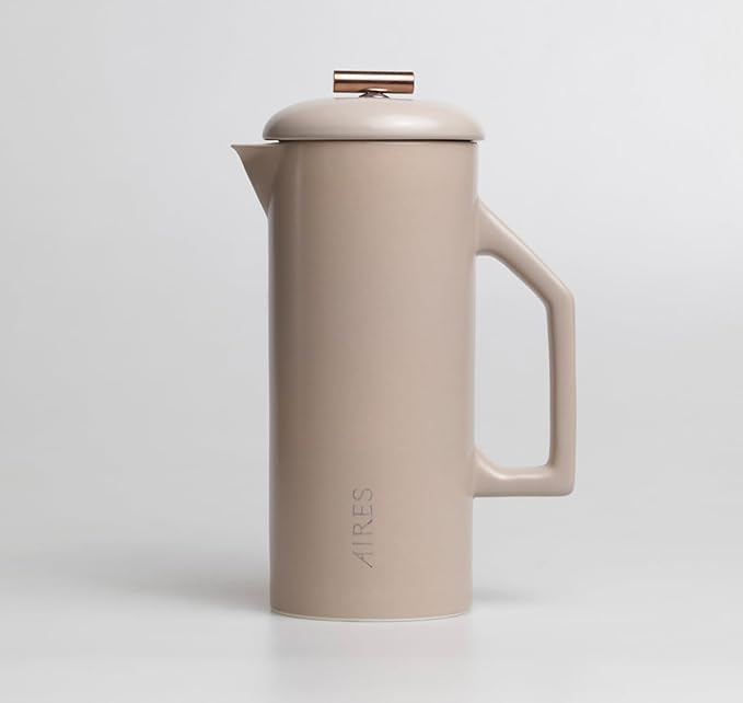 AIRES Ceramic French Press Coffee Maker – 34 oz Heat-Retaining Stoneware – Elegant Neutral Color – Inspired by Buenos Aires Coffee Culture – Gift-Ready with Barista Brewing Guide