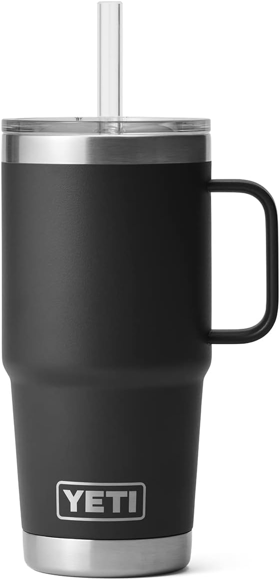 YETI Rambler 25 oz Tumbler with Handle and Straw Lid, Travel Mug Water Tumbler, Vacuum Insulated Cup with Handle, Stainless Steel, Black