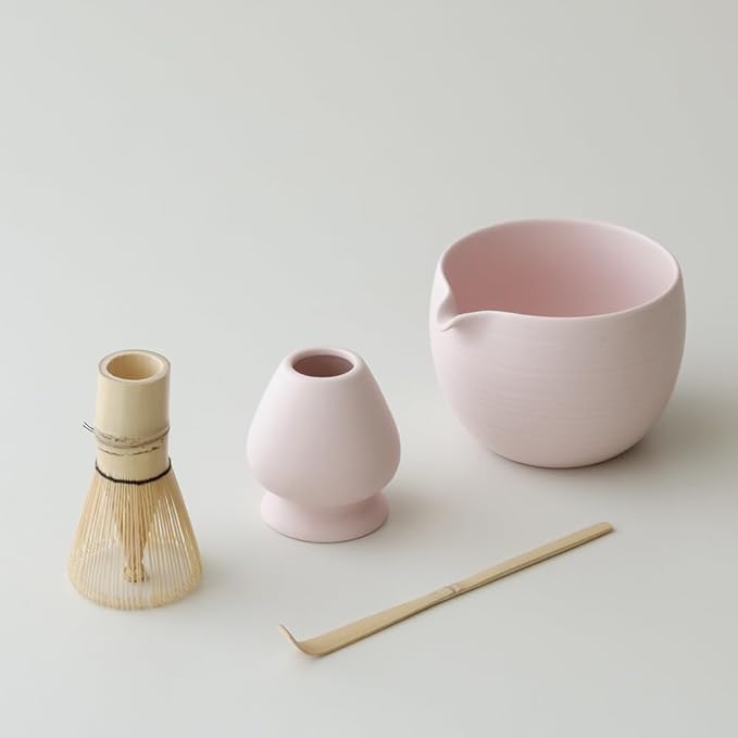 Matcha Whisk Set, Ceramic Matcha Bowl & Whisk Holder, Bamboo Accessory, Modern Design (Matte Soft Pink, Pouring Spout)