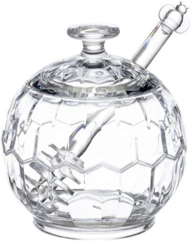 KLIFA- HONEYCOMB Series, Acrylic Plastic Honey Jar Syrup Pot with Dipper and Lid, Clear, 10.15 oz,