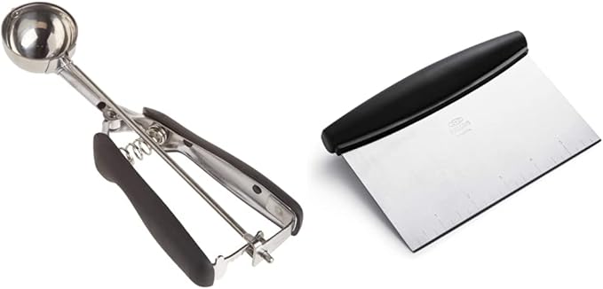 OXO Good Grips Medium Cookie Scoop,Black/Silver and OXO Good Grips Stainless Steel Scraper & Chopper,Silver/Black