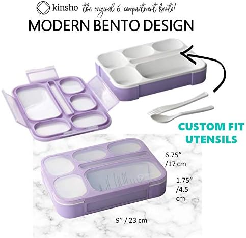 kinsho Bento Box for Kids Women - 6 Compartment, Leak-Proof Lunchbox for School, Portion Control & Meal Prep Containers, Reusable, BPA-Free Snack Container - Includes Utensil Set & E-Book, Purple