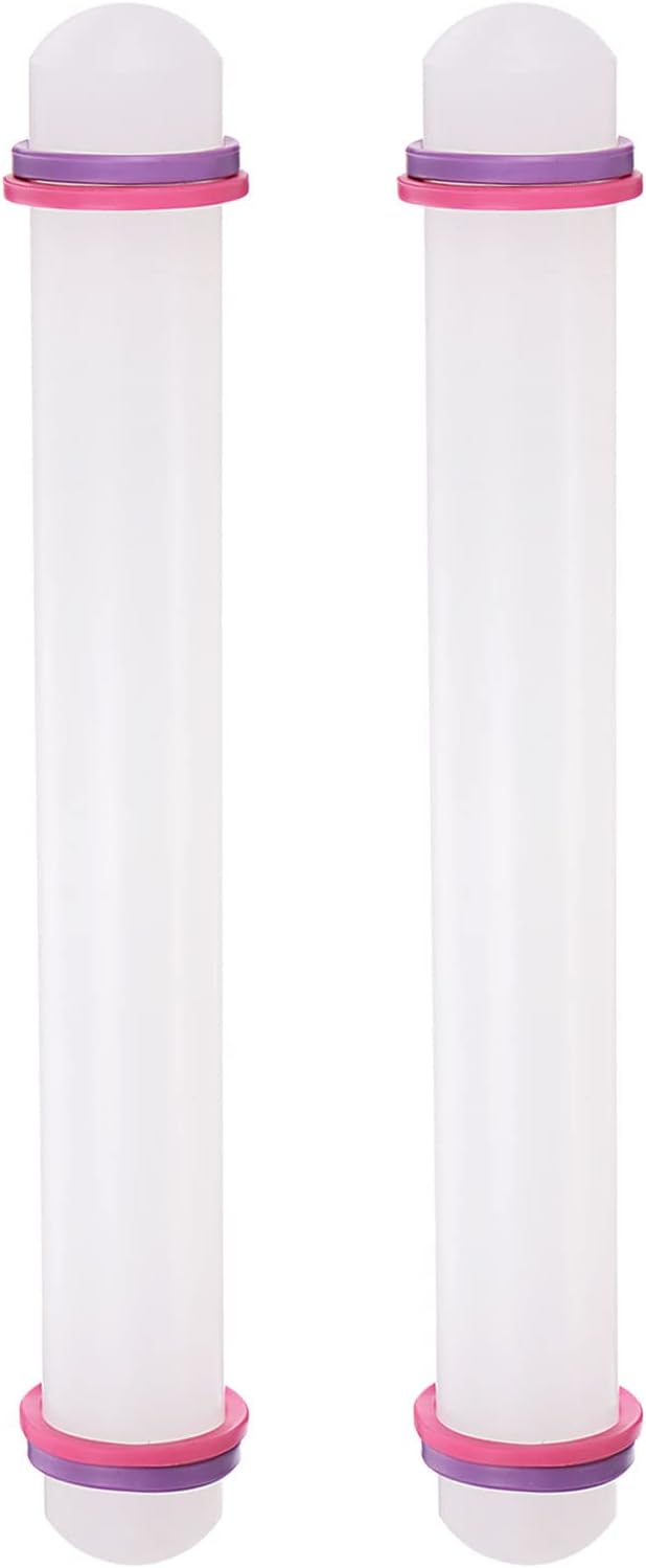 HARFINGTON 2pcs Fondant Rolling Pin 12 Inch x 1.38 Inch Adjustable Guide Rings Non-Stick PP Plastic Fondant Roller Dough Roller Kitchen Decorating Tools for Cookie Pastry Pizza Clay