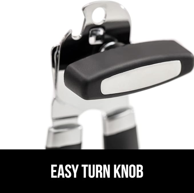 GORILLA GRIP Heavy Duty Stainless Steel Smooth Edge Manual Can Opener and Bottle Openers, Soft Comfortable Handle, Oversized Handheld Turn Knob, US Designed Multifunctional Kitchen Tool, Black