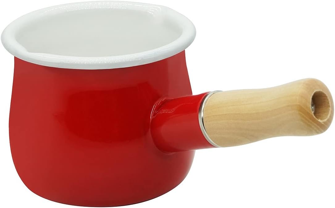 Mini Enamel Milk Pot 4 Inch 17 Oz Dual spout with Wooden Handle, Small Sauce Pan Perfect Size for Heating Smaller Liquid Portions (Red）