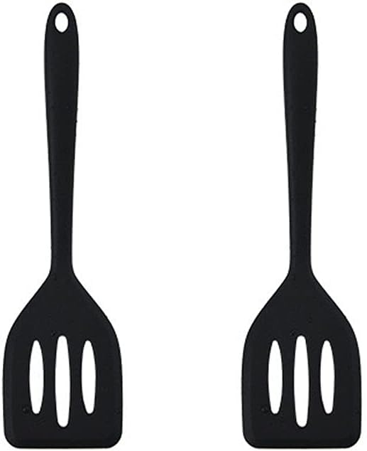 2Pack Small Silicone Turner High Heat Resistant Slotted Spatula for Fish, Eggs, Pancakes and More (8.2 IN, Black)