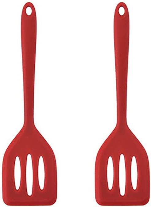 2Pack Small Silicone Turner High Heat Resistant Slotted Spatula for Fish, Eggs, Pancakes and More (8.2 IN, Red)