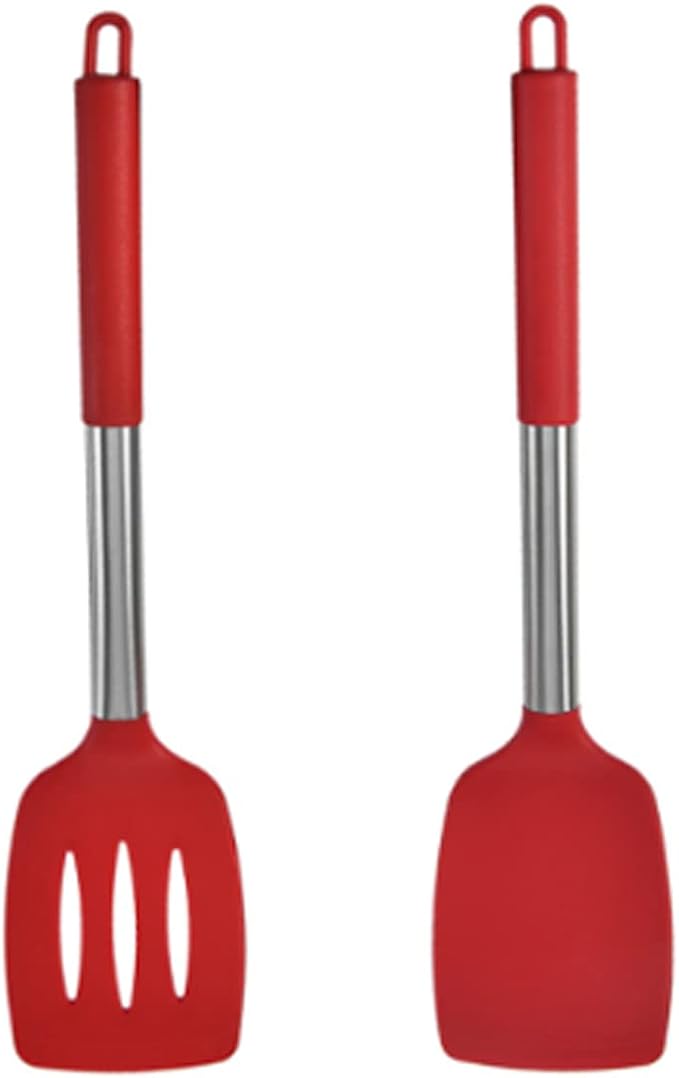 2Pack Small Silicone Turner High Heat Resistant Slotted Spatula for Fish, Eggs, Pancakes and More (Set of 2, Red2)