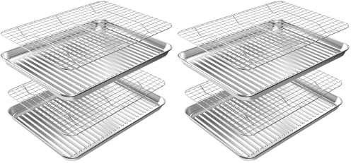 ROTTAY Baking Sheet with Rack Set (2 Pans + 2 Racks), Stainless Steel Cookie Sheet with Cooling Rack, Nonstick Baking Pan, Warp Resistant & Heavy Duty & Rust Free, Size 16 x 12 x 1 Inches (Pack of 2)