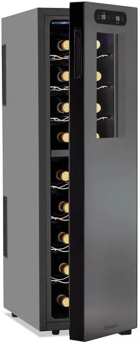 Wine Enthusiast 18-Bottle Slimline Dual Zone Wine Cooler - Energy Efficient Freestanding Wine Refrigerator - Upright Bottle Storage, Adjustable Thermostat, Digital Touchscreen (20.5” x 10.7" x 36.8”)