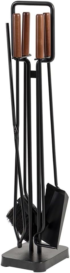 Modern Ember Levi 5 Piece Fireplace Tool Set in Black with Maple Wood Handles | Includes Brush, Shovel, Fire Poker, Tongs, and Stand | Heavy-Duty Steel | Heat-Resistant Powder Coating