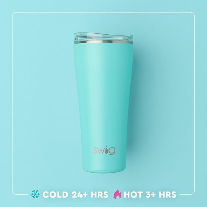 Swig Life 32oz Insulated Tumbler, Travel Coffee Tumbler with Lid, Cup Holder Friendly Travel Coffee Mug, Stainless Steel, 32 oz, Reusable Insulated Mug with Lid (Blue Lagoon)