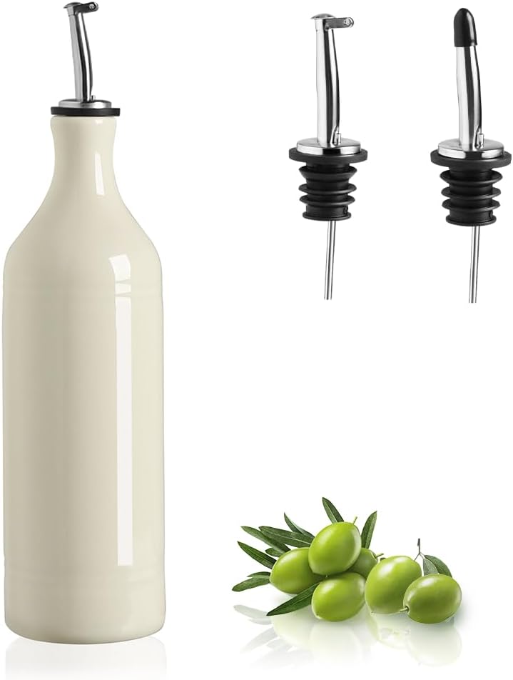 Sweejar Large Ceramic Olive Oil Dispenser Bottle, Opaque Oil Cruet Protects Oil to Reduce Oxidation, Storage Oil, Vinegar, Soy Sauce & Other Liquids, Pack of 1, 24 Fl Oz (Beige)