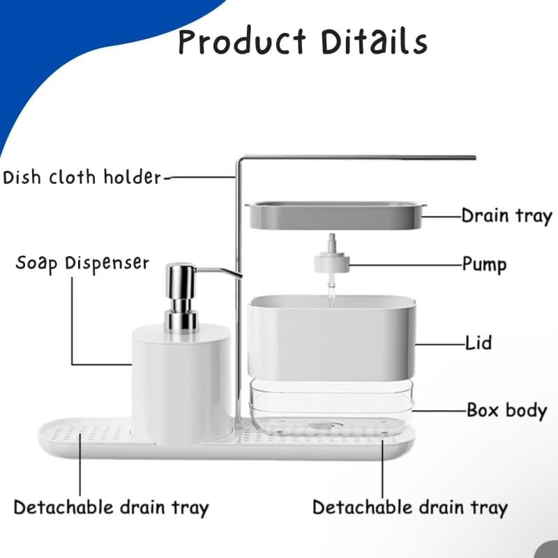 Kitchen Soap Dispenser Set with Sink Caddy-Hand and Dish Soap Dispenser with Sponge,Crevice Cleaning Brush,stailess Steel Scrubber, Sponge and discloth Holder 5-in-1 Organizer Set (White)