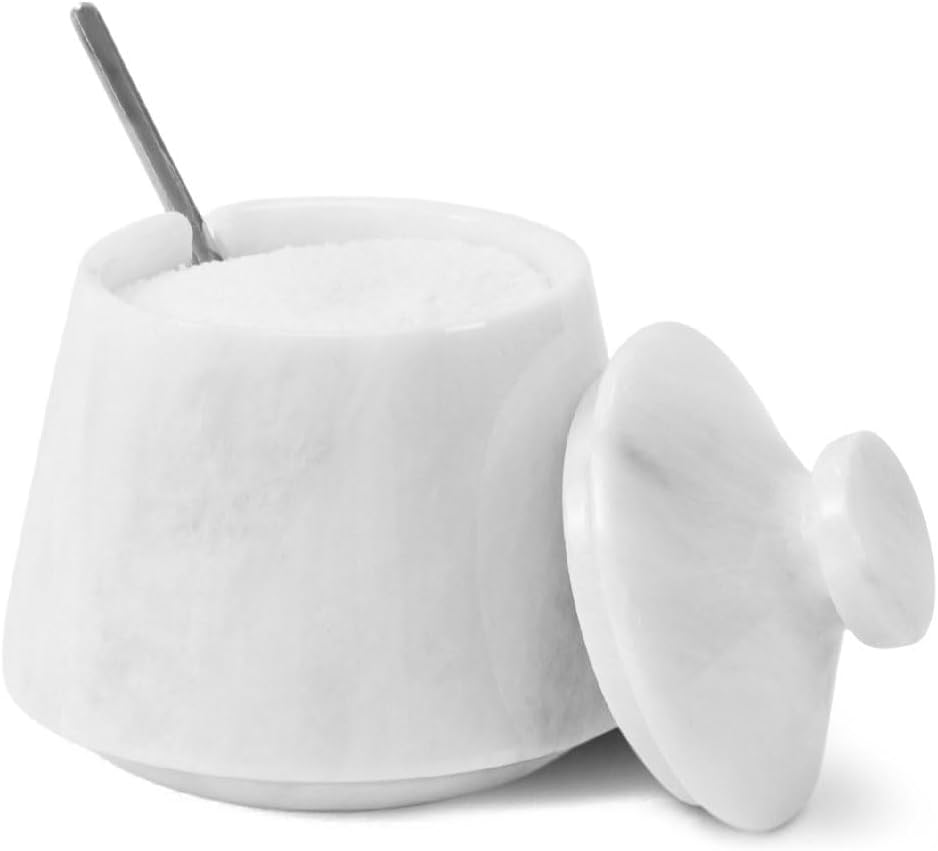 Marble Salt Cellar With Lid White 4 Inch Salt Jar with Spoon, Salt and Spices Storage Box For Kitchen Counter, Modern Salt Keeper