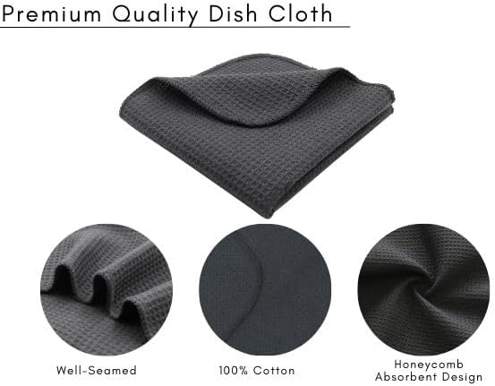 PurpleEssences Dish Cloths and Dish Rags - 8 Pack Waffle Weave Solid Kitchen Dish Wash Cloths, 100% Cotton, 12 x 12 Inches, Ultra Soft Absorbent Quick Drying - Spring Summer - Dark Grey
