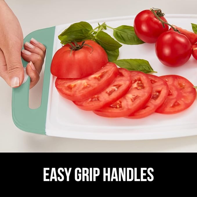 GORILLA GRIP BPA-Free Reversible Kitchen Cutting Board Set of 3, US Designed, Nonporous, Juice Grooves Catch Liquid, Slip Resistant Border, Dishwasher Safe Large Food Chopping Boards, Gray Mint Pink