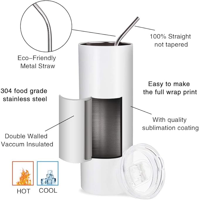 PYD Life 10 Pack Sublimation Tumblers Bulk Blank 20 OZ Skinny White Stainless Steel Tumbler Cups with Straw and Lid for Mug Tumbler Heat Press Sublimation Oven Printing