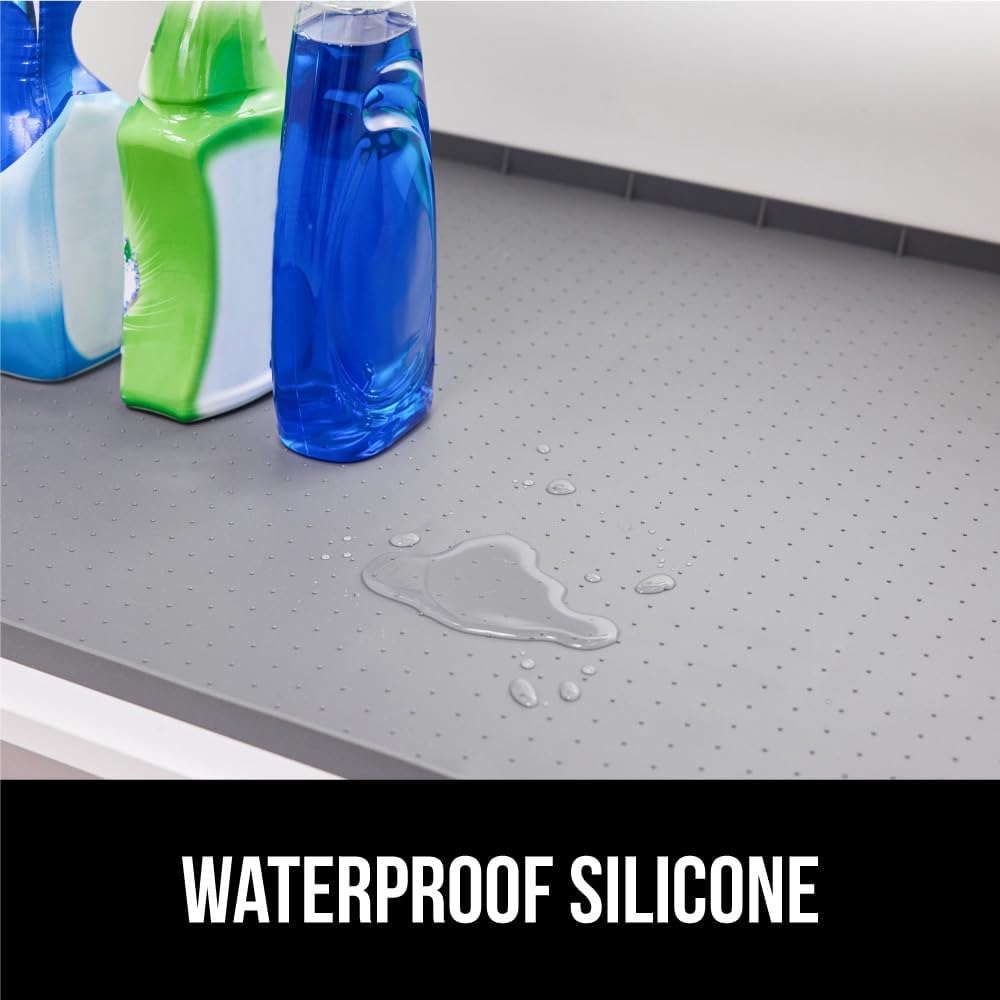 GORILLA GRIP Waterproof Silicone Under Sink Mat with Raised Lip for Kitchen and Bathroom, 28 x 22 in, Cabinet Shelf Liner Stay in Place Mats Dishwasher Safe Drawer Liner, Organizer Tray, Gray