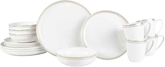 Everyday White by Fitz and Floyd Nevaeh Bone China Coupe Gold Bands Dinnerware Set, Service for 4