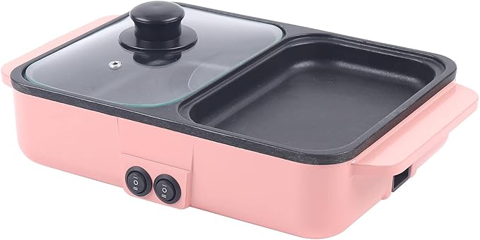CNCEST 2 in 1 Portable Electric Hot Pot Barbecue Grill Non-Stick Teppanyaki Pan 110V Indoor Hotpot Grill Korean BBQ Combo (Pink)