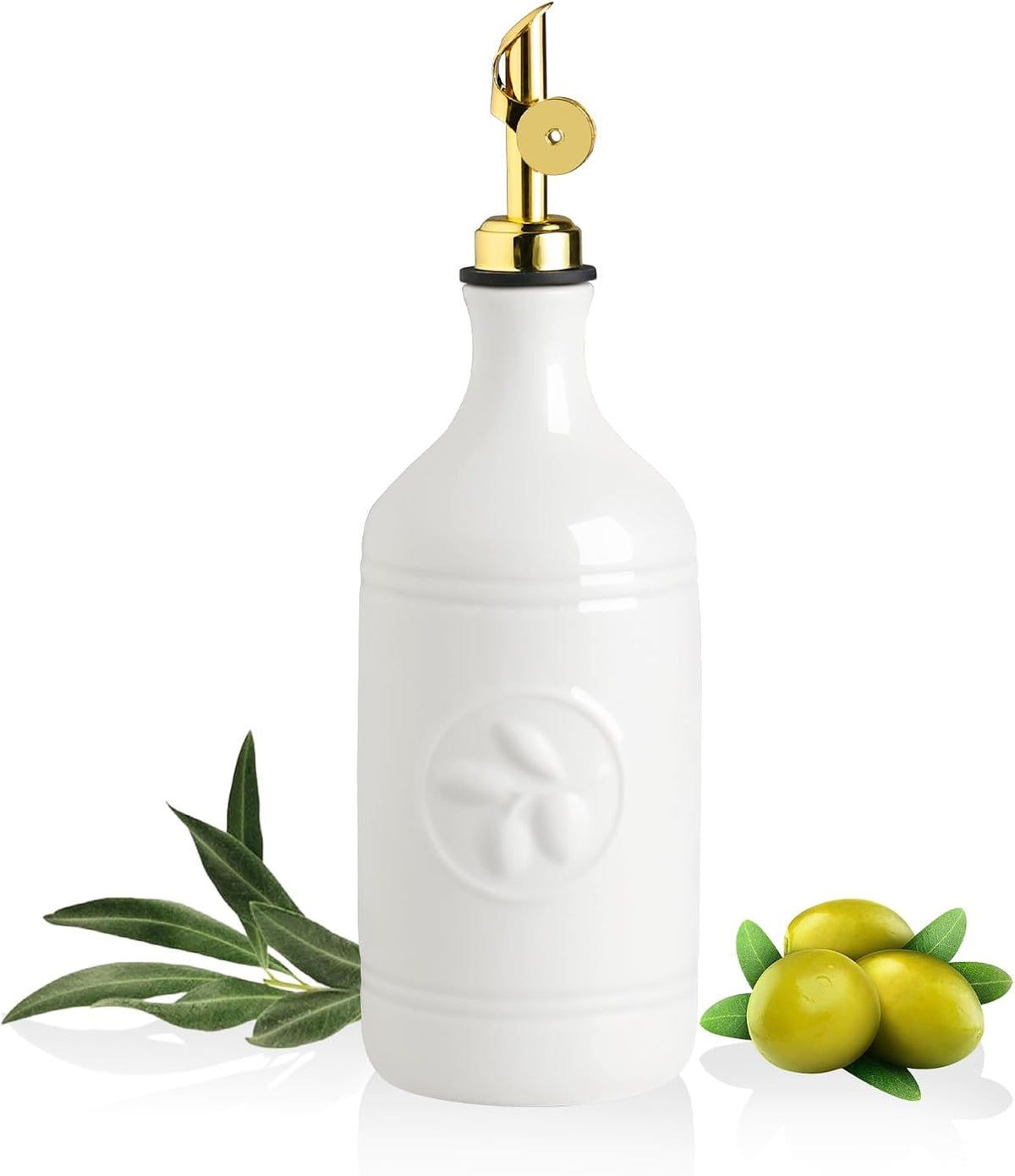 Sweejar 16 Oz Ceramic Olive Oil Dispenser Bottle, Oil Dispenser for Kitchen with Gravity Spout, Relief Opaque Oil Container for Evoo, Avocado Oil, Vinegar, Soy Sauce, 1 Pack(White, Gold Spout)