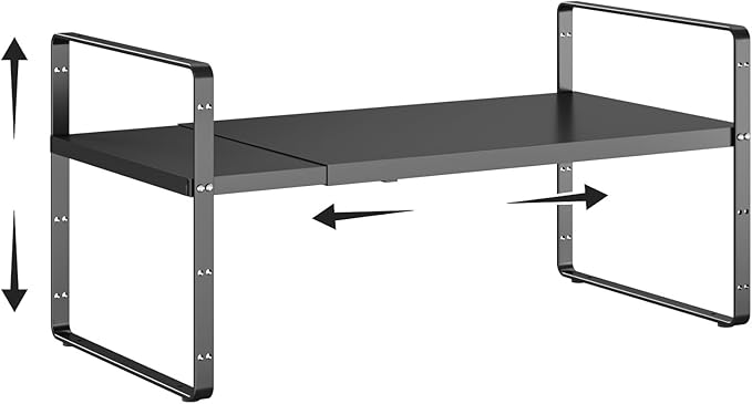 16.5-27’’L Expandable Cabinet Shelf Organizers, Stackable Metal Shelves Extender for Kitchen Countertop Storage, Adjustable Spices Shelves Rack Stand for Cupboard Pantry, Black