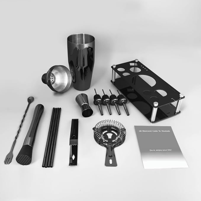 14-Piece Cocktail Shaker Set Bartender Kit with Black Stand, Bar Tool Set for Drink Mixing Bartending Kit Bar Sets Accessories: 750ml(25oz) Shaker, Jigger, Muddler, Cocktail Recipes (Black)