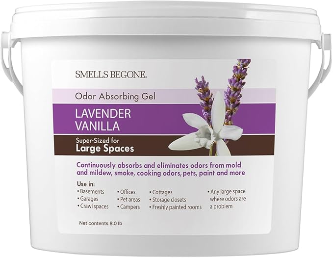 SMELLS BEGONE 1-Gallon Gel Odor Eliminator – High-Capacity, Long-Lasting Absorber for Large Basements, Garages, Workshops & Commercial Areas – Remove Tough Odors with Essential Oils (Lavender Vanilla)