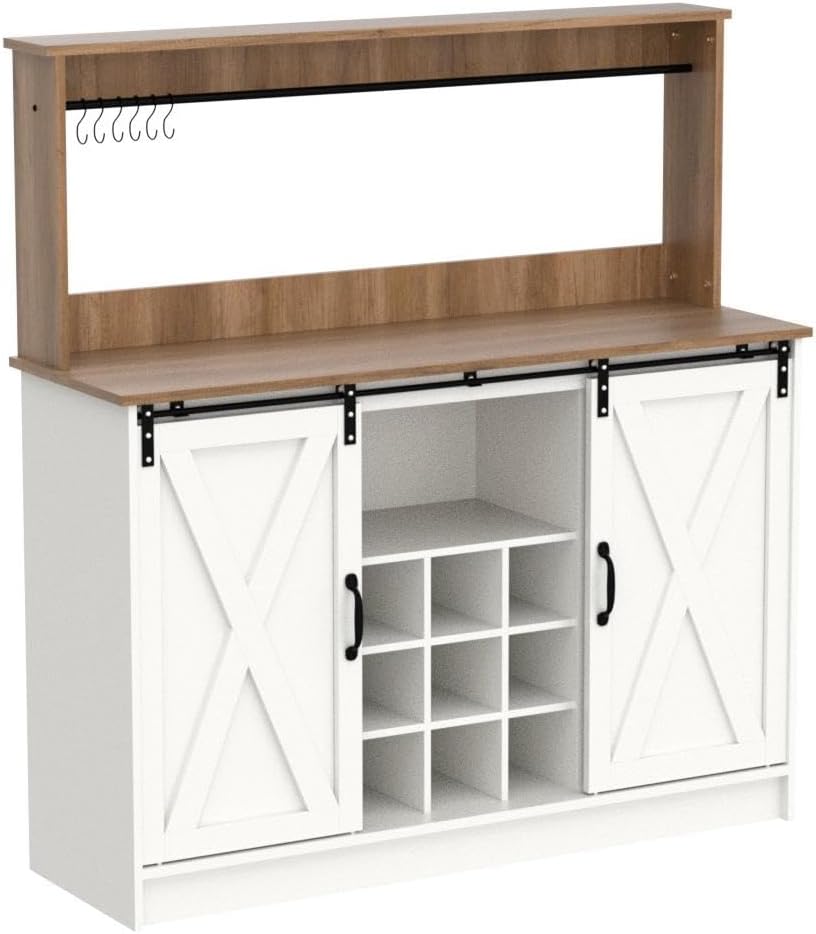 4ever2buy Farmhouse Coffee Bar Cabinet with Hutch, 47 Inch Buffet Cabinet with Storage, White Wine Bar with 9 Wine Racks and 6 Hooks, Coffee Bar Table with Adjustable Shelves for Living Dining Room