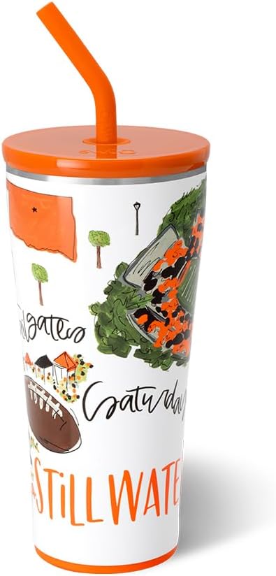 Swig Life 32oz Straw Tumbler, Travel Coffee Tumbler with Lid, Cup Holder Friendly Travel Coffee Mug, Stainless Steel, 32 oz Reusable Insulated Coffee Mug (Saturdays In Stillwater)